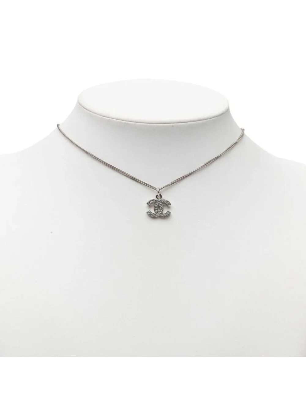 Chanel CC Logo Necklace Silver Metal Rhinestone